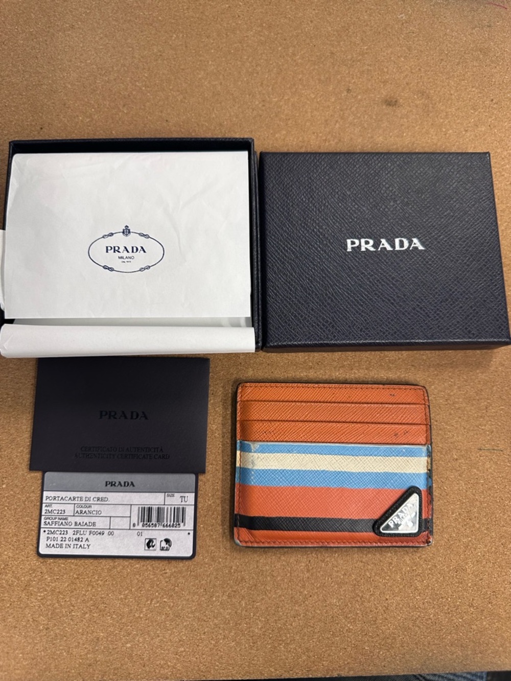 Prada Orange Striped Leather Card Holder with Blue, White & Black Accents - Picture 4 of 4